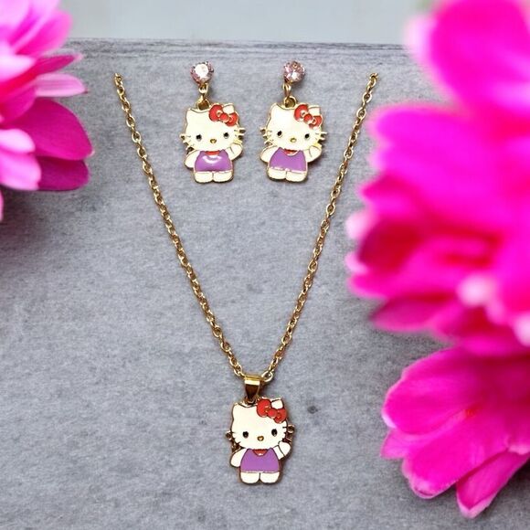 Lavender Hello Kitty Earrings And Necklace Set - Picture 1 of 1